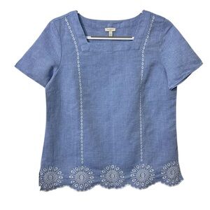 Talbots Chambray Linen Embroidered Blouse